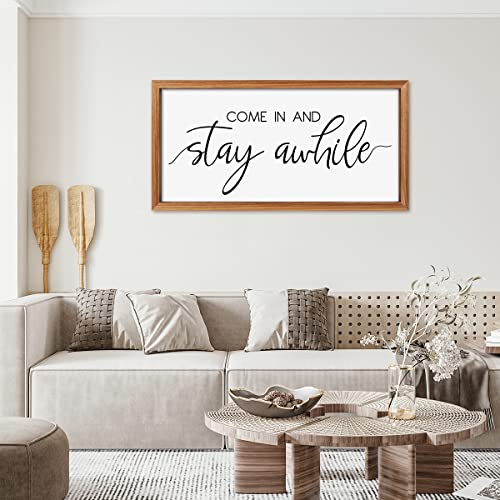 Anyzal Stay Awhile Framed Wooden Sign (16"X 32"), Large Rustic Indoor/Outdoor Welcome Sign Plaque, Minimalist Quote Wall Art For Farmhouse Entryway Guest Room Home Decor #TOP2