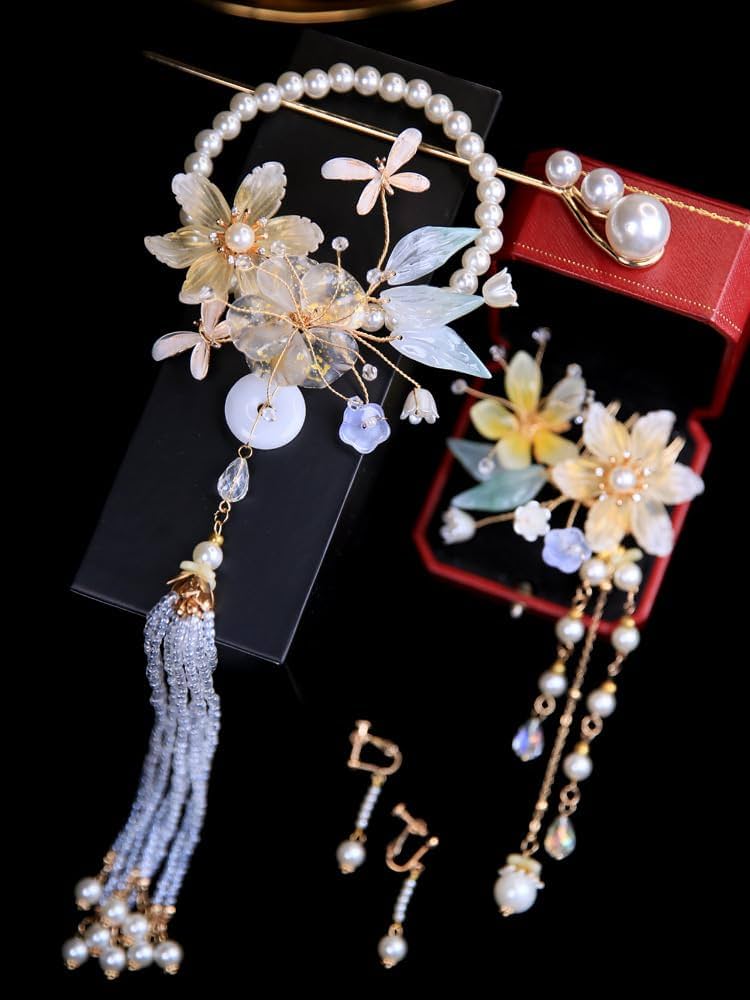 ꫛꫀꪝ✧No.1875 成人式髪飾りセット　人気お箸ビラかんざし付き Amazon.co.jp: ヘアアクセサリー かんざし 耳飾付き レトロ ビラ