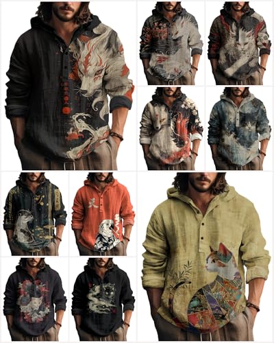 MARSVOVO Japanese Art Animal Hooded Shirt for Men Long Sleeve Quarter Button Lightweight Hoodie Cool Streetwear Tops3