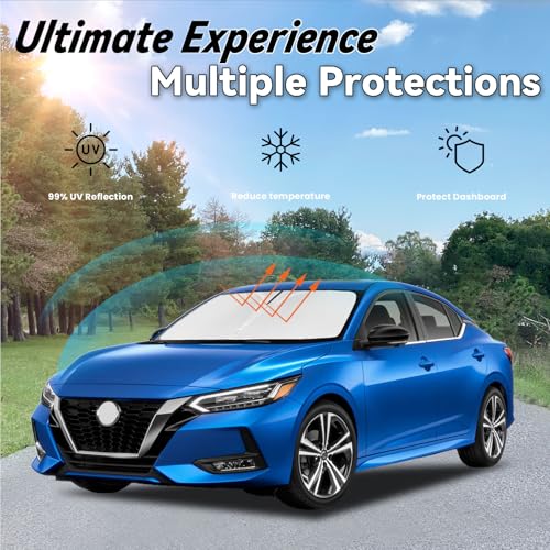 Image of Car Front Windshield Sun Shade for Sentra 2020-2023, Car Window SunShades Shield Cover Sun Visor Protector with 240T Reflective Fabric UV & Sun Heat Protection Accessories