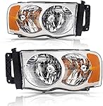 BRYGHT Headlight Assembly Fit for 2002-2005 Dodge Ram 1500 Pickup and 2003-2005 Dodge Ram 2500/3500 Pickup Passenger and Driver Side Halogen Replacement OE Headlamp Chrome Housing & Amber Reflector