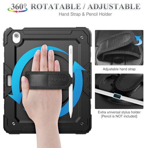 SEYMAC stock 2025年/2024年 13インチiPad Air(M3/M2)耐衝撃ケース 保護フィルム付き ペン収納 360°回転スタンド ハンドストラップ ショルダーストラップ 全面保護カバー iPad Air 13 2025/2024専用型（ブラック）