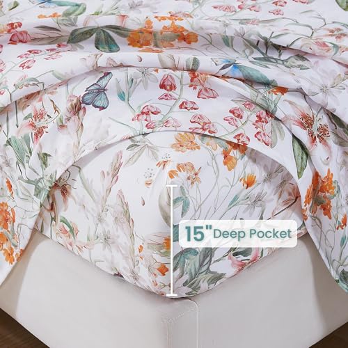 Image of Softan Green Floral Queen Sheet Set, Cozy Microfiber Butterfly Printed Fitted Bed Sheet with 15 inch Deep Pockets & Corner Non-Slip Straps, Botanical Patterned Sheets & Pillowcase Set