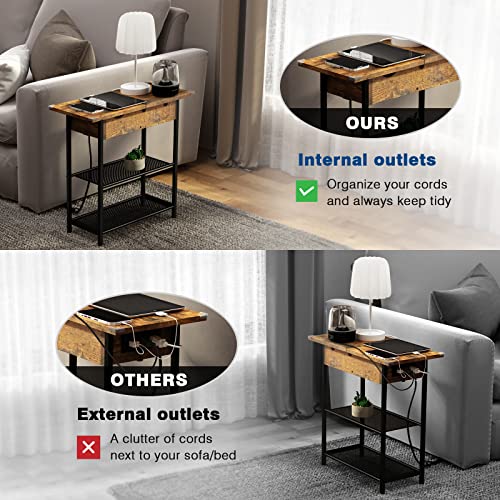Sauce Zhan Sofa Side Table With Usb Ports And Outlets, Narrow End Table With Storage Shelf For Small Spaces Bedside Nightstand With Charging Station For Living Room, Bedroom, Brown #TOP1