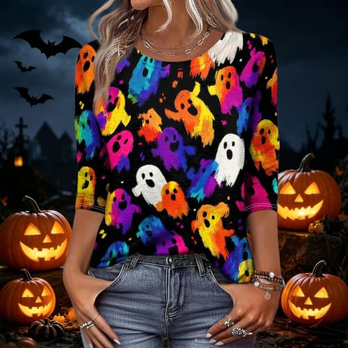 Image of Women Spooky Halloween Graphic Shirt 3 /4 Length Sleeve Crewneck Top | Halloween Funny Printed Pumpkin Plus Size Tshirts 2026 Fall Outfits Skeleton Tee Going Out Tops
