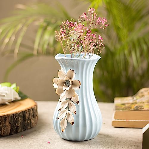 Image of Market99 Blue Ceramic Curvy Vase | Engraved Floral Pattern Flower Holder | Stylish, Handcrafted Vase for Flowers, Indoor Centerpieces, and Office Decor Idea for Housewarmings, Weddings