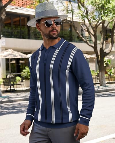 Lexiart Men's Knit Polo Sweater Long Sleeve Striped Dressy Thermal Basic Button Collar Sweater2
