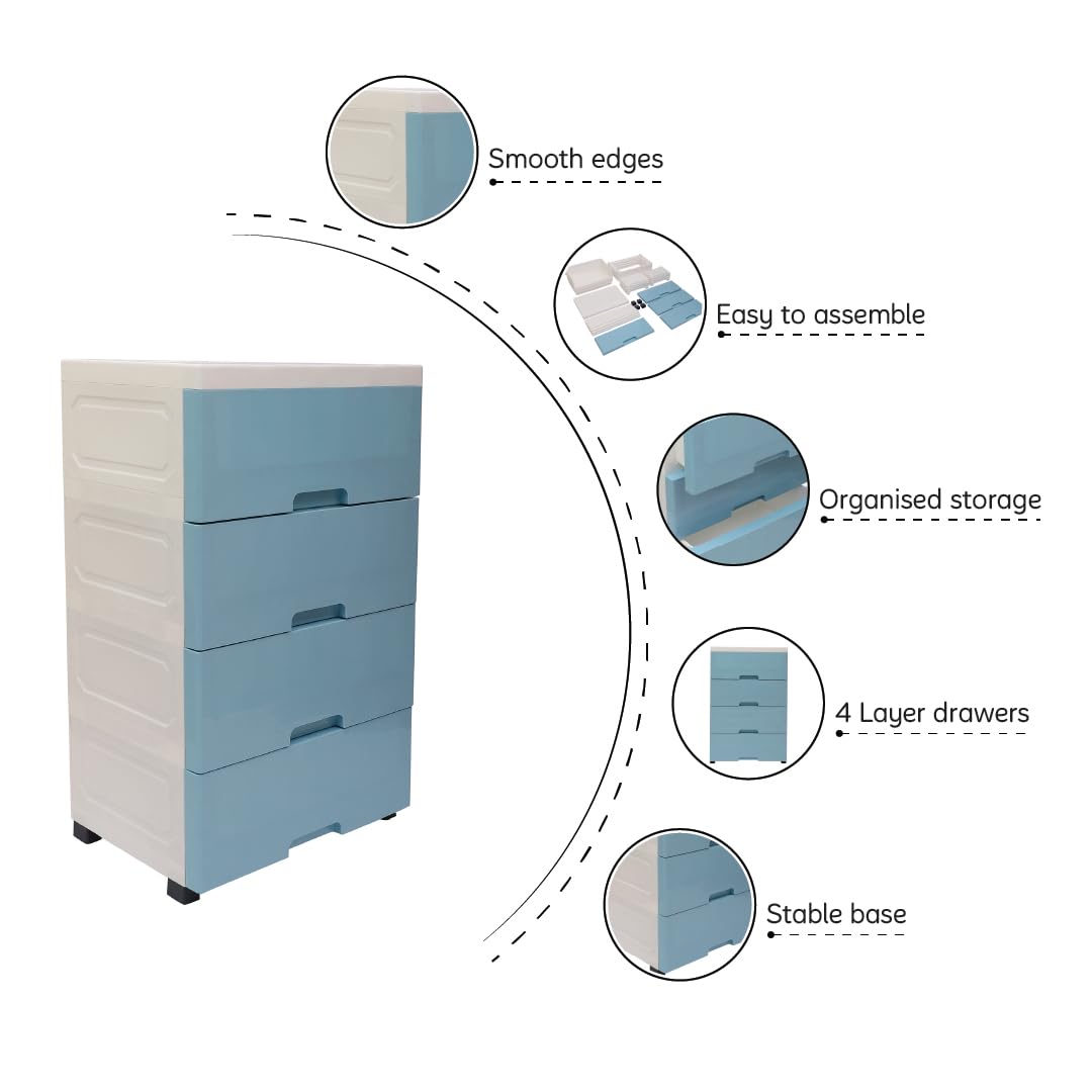 The Tickle Toe 4-Drawer Plastic Storage Cabinet for Kids | Glossy White Elephant Design | Multipurpose Wardrobe Organizer for Toys & Clothes | Locking Drawers | Portable | 51Lx33Wx82H cm 1