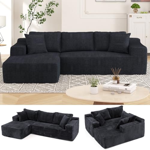 Verano Garden 107" Cloud Sectional Couch, Modular Sectional Sofa with L-Shaped Chaise, Deep Seat Couch with Memory Foam, Corduroy Boneless Sofa, No Assembly Required (Black, Left Facing Chaise)
