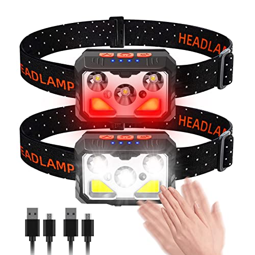 bedee Linterna Frontal, Frontal LED Recargable, Linterna Cabeza 7 Modos con Sensor y Luz Roja, 2 Unidades 1500 Lúmenes linterna Frontal LED Recargable Impermeable IPX5 para Running, Acampar, Pesca