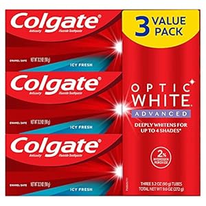 Colgate Optic White Advanced Hydrogen Peroxide Toothpaste Pack, Teeth Whitening Toothpaste, Enamel-Safe Hydrogen Peroxide Formula, Helps Remove Tea, Coffee, and Wine Stains, Icy Fresh, 3 Pack, 3.2 oz