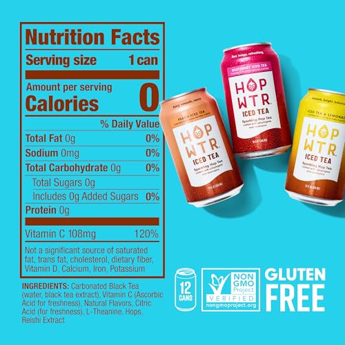 Image of HOPWTR Iced Tea Variety Pack - Peach, Raspberry & Lemonade Sparkling Tea, Non Alcoholic Functional Beverage with Adaptogens, Nootropics & Vitamin C, Zero Sugar (12 Pack, 12oz Cans)