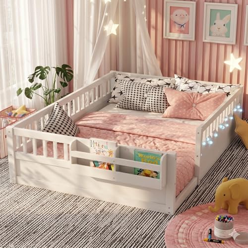 Duxelifin Full Toddler Floor Bed with High Rails, Wooden Montessori Bed Frame with Light and Storage Shelf, Full Size Bed Frame for Kids, Boys and Girls, White