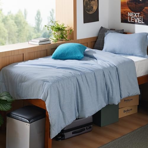 Image of Bedsure Twin /Twin XL Comforter Set - Light Blue Soft Bedding for All Seasons, Cationic Dyed Bed Set, 2 Pieces, 1 Twin Size Comforter (68 inchx88 inch) and 1 Pillow Sham (20 inchx26 inch+2 inch)