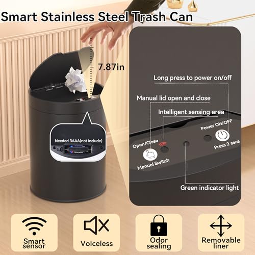 Image of Bathroom Trash Can with Lid 2.6 Gallon Stainless Steel TrashCans Automatic Bathroom Garbage Can for Bedroom, Kitchen, Office