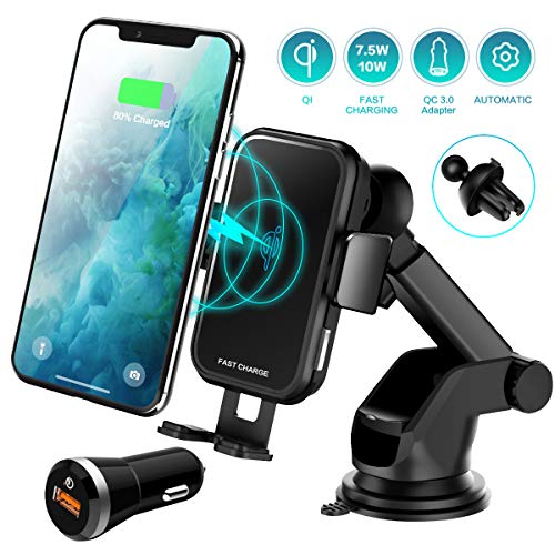 Wireless Car Charger, 10W Qi Fast Charging Car Mount Charger Auto-Clamping Windshield Dashboard Air Vent Phone Holder & QC 3.0 Adapter Compatible iPhone 11Pro/Max/XR/11/X/8, Samsung Note 10/S10/S9/S8