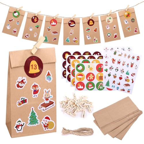 Naler DIY Advent Calendar Kit Empty Advent Calendar 2024 with 24 Paper Bags and Stickers Paper Make Your Own Advent Calendar Lovely Christmas Advent Calendar