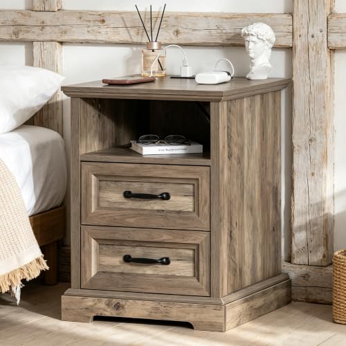 HOMMPA Farmhouse Nightstand w/Charging Station, Open Shelf 23.6''H Greige - image 7
