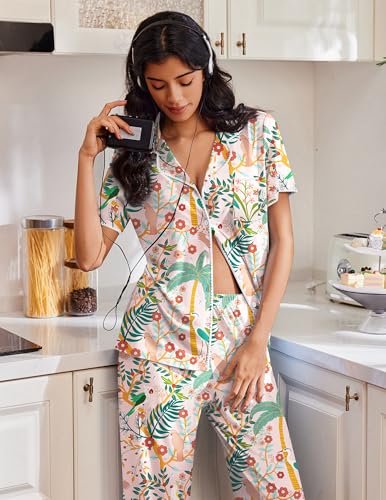 Image of Ekouaer Pajamas for Women Set Button Up Soft Pjs Short Sleeve 2 Piece Lounge Sets Comfy Sleepwear