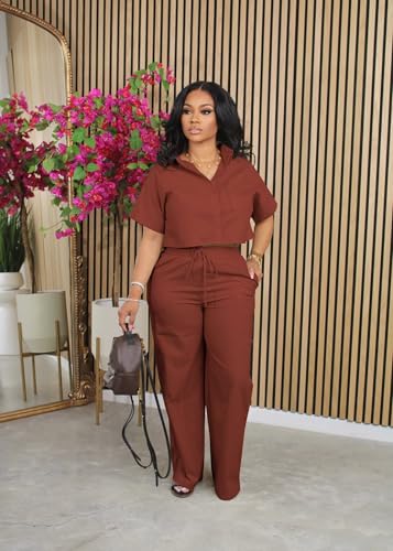 ThusFar Women's Brown Linen Two-Piece Set: Elegant Palazzo & Collared Shirt Outfit for Office & Summer - Image 2