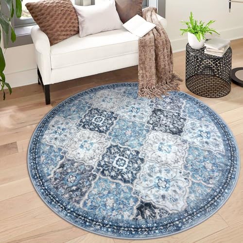 KILOCOCO Moroccan Super Soft Round Area Rug 3Ft, Washable Kitchen Rug Non-Slip Soft Small Circle Rug, Blue Entryway Rugs Print Faux Wool Doormat for Dining Room Bedroom, Blue/Multi