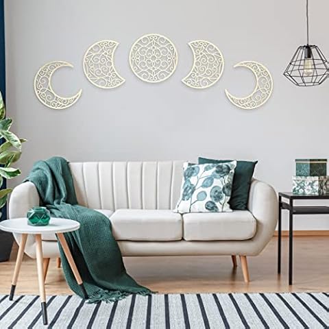 Bnesi 5Pcs Moon decoration wall decoration,12 Inch Moon Phase Spiritual Bedroom Wall Hanging Decor,boho bedroom decor home wall decoration (Wood color) Cover