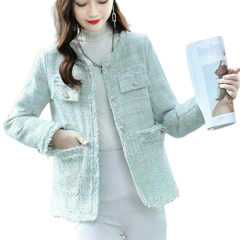 Veste de printemps en tweed à col rond et manches longues pour femme chic
