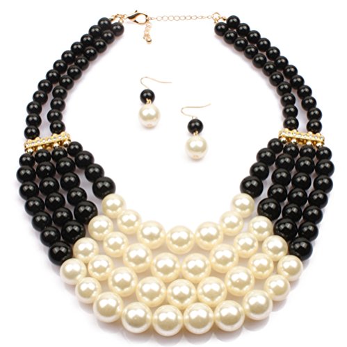 Shineland Elegant Handmade Multilayer Faux Pearl Bead Cluster Collar Bib Choker Necklace and Earrings Suit (Black)