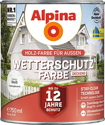 Alpina Holz-Wetterschutz-Farben – Weiß, deckend – bis zu 12 Jahre Schutz vor Witterung und Nässe – schmutzabweisend, deckend & ergiebig – 750 ml