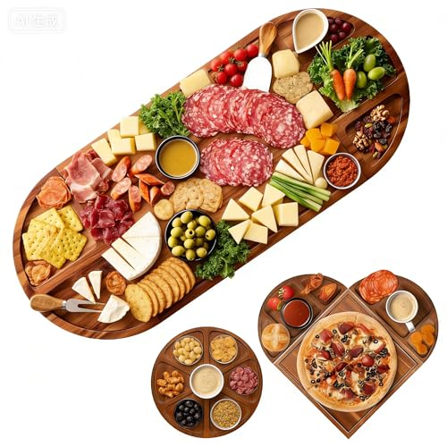Beauenty Extra Large Magnetic Charcuterie Board Cheese Board Set - 3 Part Square & Round & Heart Shaped Acacia Wood Charcuterie Cheese Boards Wooden Tray Serving Board Platter 33x66cm