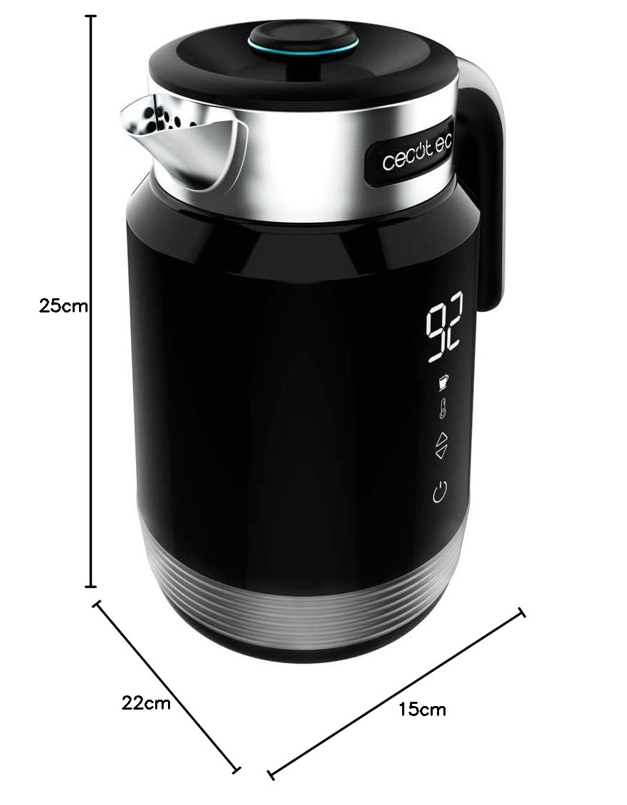 Cecotec Czajnik 1,7L Elektryczny ThermoSense 600 Touch Black. 2200W, Wolny od BPA, Stal nierdzewna i najwyższej jakości tworzywo sztuczne, światło LED i światło robocze, podstawa 360º