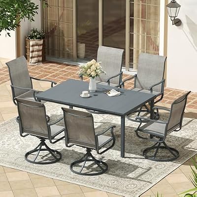 VICLLAX 7 Pieces Patio Furniture Dining Set, 6 Textile Swivel Dining Chairs, 63" Outdoor Rectangle Metal Table with Umbrella Hole, Outdoor Dining Set for Porch, Lawn, Garden, Dark Grey/Grey