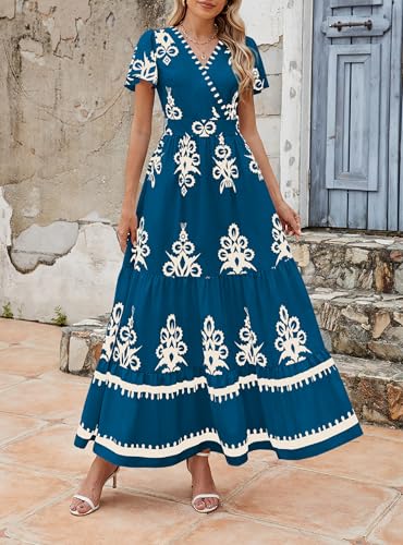 Image of PRETTYGARDEN Womens 2026 Summer Casual V Neck Boho Maxi Dress Flowy Aline Bell Sleeve Tiered Floral Dresses with Pocket