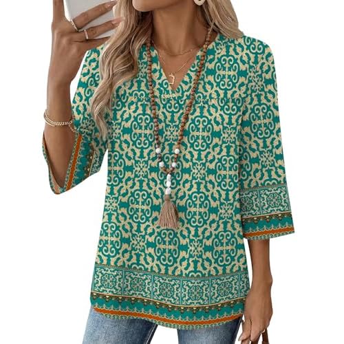 Rapbin Womens 3/4 Sleeve V Neck Boho Pleated Blouses for Women Dressy Casual Loose Fit Tops Blue Green X-Large
