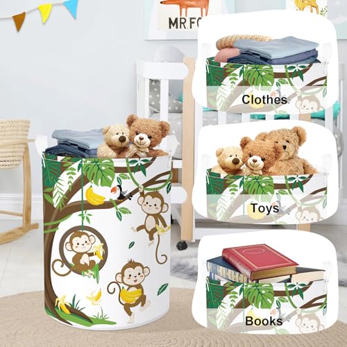 Image of Woodland Animals Baby Laundry Hamper Collapsible Clothes Kids Storage Basket Large Boys Girls Gift Toy Box Bin for Nursery Room, Monkeys, 63L