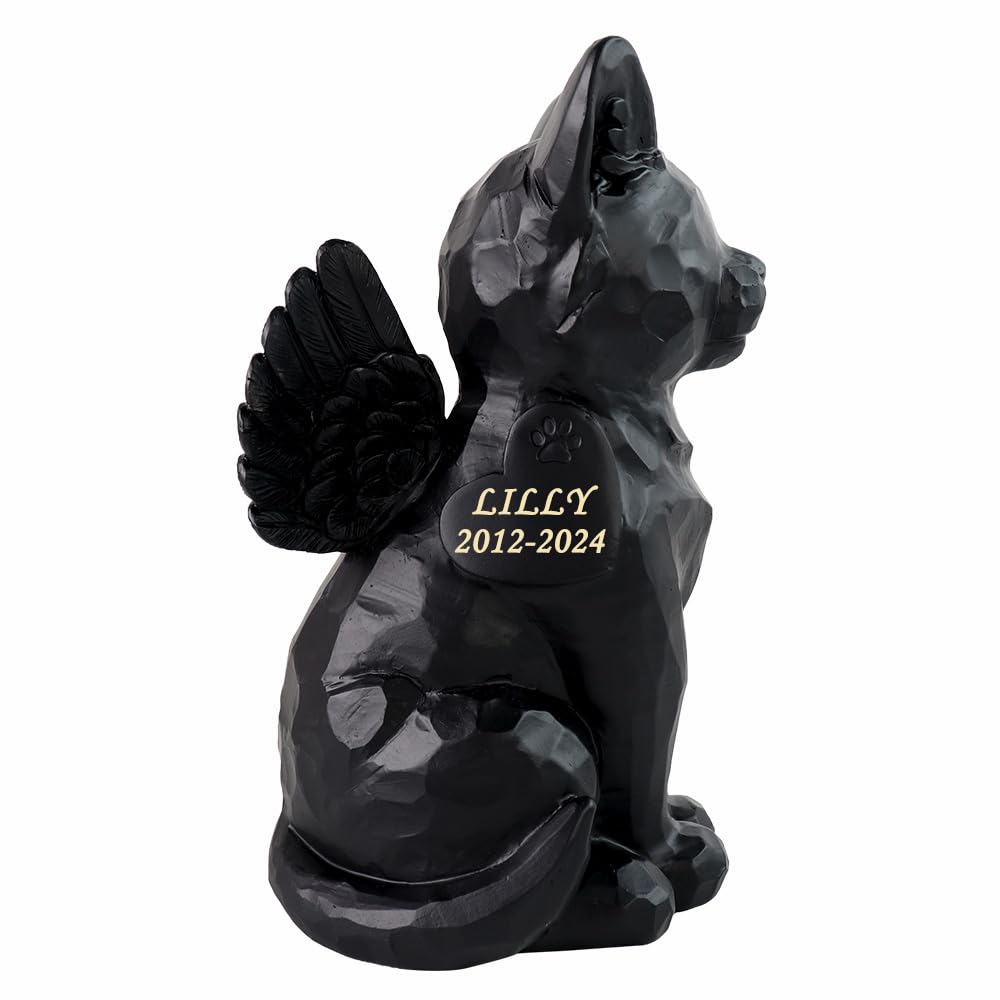 Personalized Black Cat Angel Memorial Garden Statue, Cat Pet Memorial Grave Marker Tribute Statue, with Cat Cremation Urn Features- 7.4inchοΌHοΌ