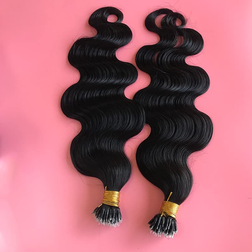 Nano Ring Hair Extensions Real Remy Nano Tips Extensions Human Hair Brazilian Body Wave Nano Ring Hair for Women 100strand (28inch 100strand, Natural color)