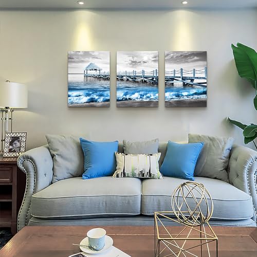 DZRWUBHS Canvas Wall Art - Modern Decor for Bedroom, Living Room, & Office - Black and White Beach Scene - 3 Framed Posters, Large Size