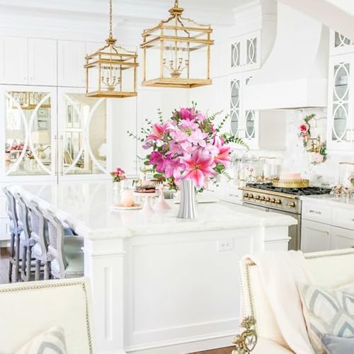 10 Pcs 18.5” Pink Artificial Fowers Silk Fake Lilies Pink Flower Bouquet Fake Spring Flowers Floral Arrangements for Valentine's Day Decoration Home Wedding Table Centerpieces Decor