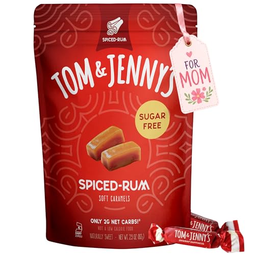 Tom & Jenny's Sugar Free Candy Soft Caramels Individually Wrapped - Sea Salt & Vanilla - Low Net Carb Keto Zero Sugar Candy with Allulose & Maltitol (Spiced Rum Chewy Caramels) 1 Pack