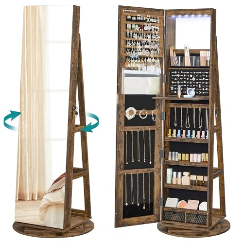 SONGMICS Armoire à Bijoux avec Miroir sur Pieds, Verrouillable, avec 6 LED, Rangement Bijoux Pivotant 360°, Miroir Psyché sans Cadre, 3 Étagères, Surface en Marron...