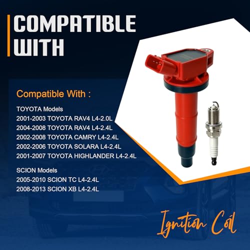 Image of STANDOUT UF333 Ignition Coil Pack & 7092 Iridium Spark Plug Set of 4 | Compatible with 2002-2008 Toyota Camry 2.4L, 2001-2003 RAV4 2.0L, 2004-2008 RAV4 2.4L, 2001-2007 Highlander 2.4L