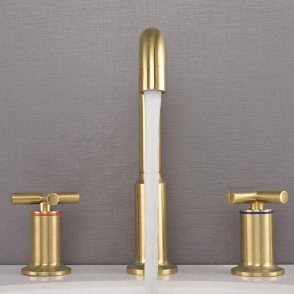 Grifo Lavabo 3 Orificios Oro Cepillado Latón Caliente y Frío Tipo Dividido Grifo Baño Lavabo