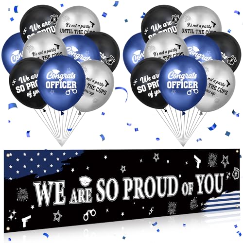 Police Party Decorations We Are So Proud of You Yard Banner with 18Pcs Balloons Thin Blue Line American Flag Police Party Decor for Police Birthday Academy Graduation Retirement Party Supplies