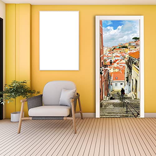 3D Door Cover Sticker - Street Wallpaper Front Door Mural Wall Decal - Removable Peel Stick Interior Covering Wrap Decor Vinyl for Doors Art (24)