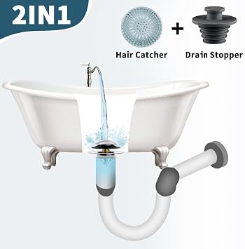 Bathtub Drain Stopper with Hair Catcher, Anti Clogging Bath Tub Drain Stoppers, Replaces Lift and Turn, Tip-Toe and Trip Lever drains for Tub, Easy Install and Clean (Chrome Silver)