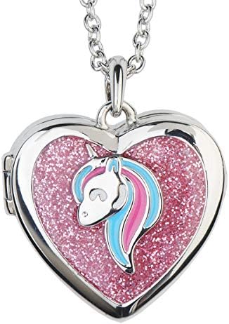 Pink Unicorn & Silver Heart Locket Necklace for Little Girl | Sparkly Glitter Animal Pendant | Secret Inside Storage | Silver Tone Chain | Kids Jewelry Young Girls