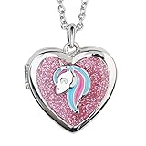 Pink Unicorn & Silver Heart Locket Necklace for Little Girl | Sparkly Glitter Animal Pendant | Secre