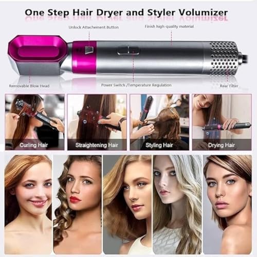 Image of 5-in-1 AirStyler- Hot Air Brush, Straightener Brush, Curling Tong, Blow Dryer, Concentrator & Diffuser | 50% Less Hair Breakage, 3 Settings | All in One Multi Styler BN24