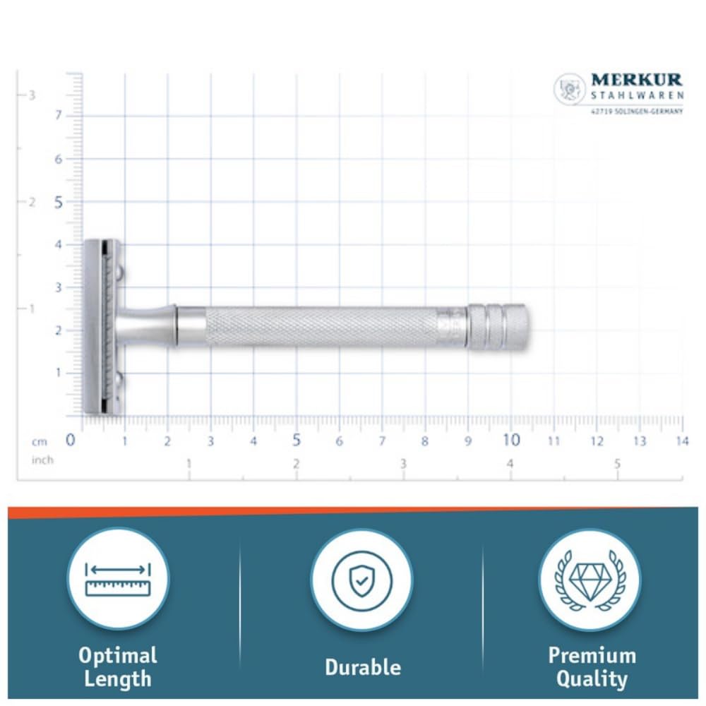 MERKUR Maquinilla de afeitar cromada mate satinado 22C, de tres piezas con corte recto, peine cerrado, ideal para afeitado en húmedo, zinc fundido a presión, mango de latón, fabricado en Alemania